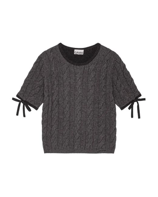 Ganni Gray Cable-Knit Tie-Detail Sweater
