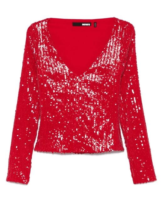 ROTATE BIRGER CHRISTENSEN Red Paillettenoberteil Mit V-Ausschnitt