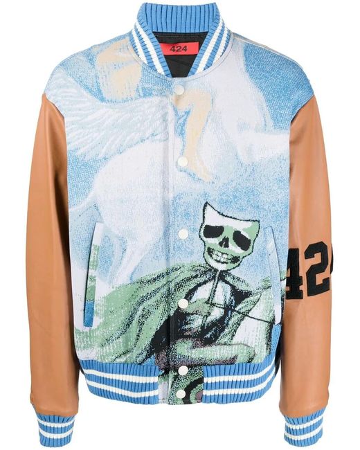 424 Blue Jacquard-Print Leather-Sleeve Bomber Jacket for men