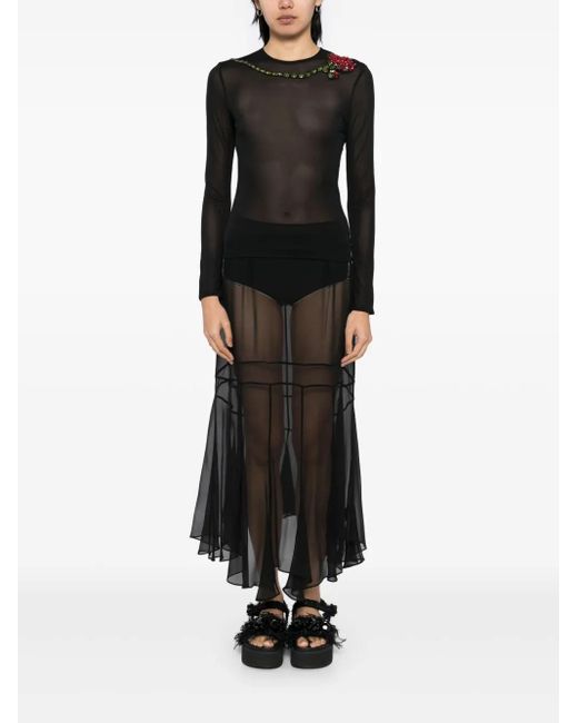 Simone Rocha Black Carnation-Embellished Mesh Top