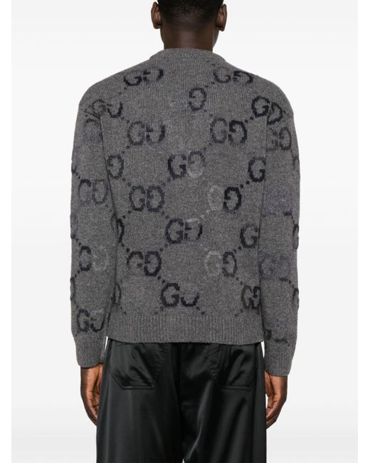Gucci Gray Wool Cardigan With GG Intarsia for men