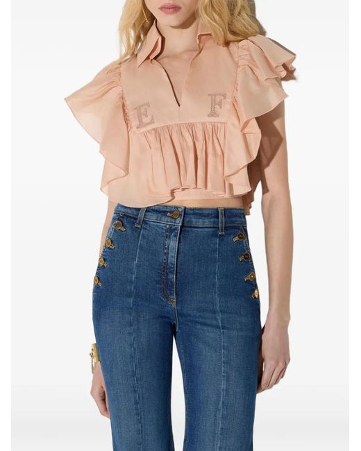 Elisabetta Franchi Pink Cotton Voile Shirt With Flounce