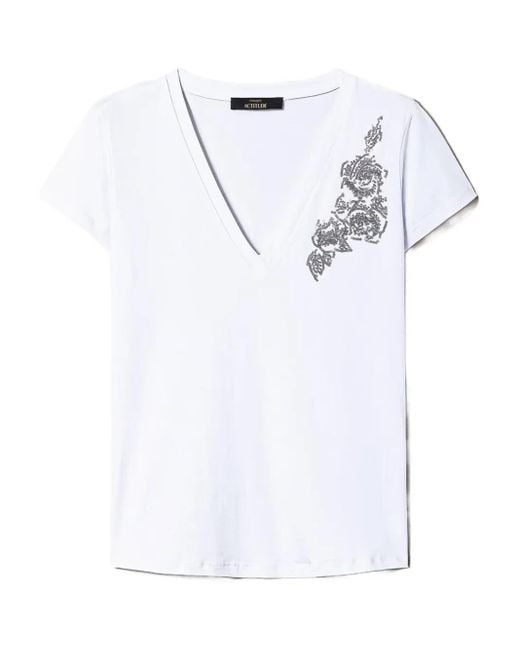 Twinset White Floral-Embroidered V-Neck T-Shirt