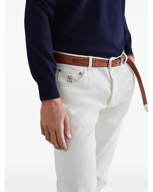 Brunello Cucinelli White Logo-Embroidered Regular-Fit Jeans for men