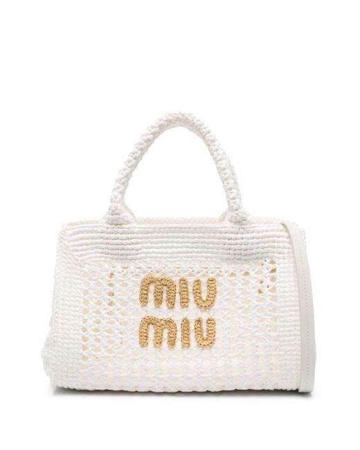 Miu Miu White Logo-lettering Raffia Tote Bag