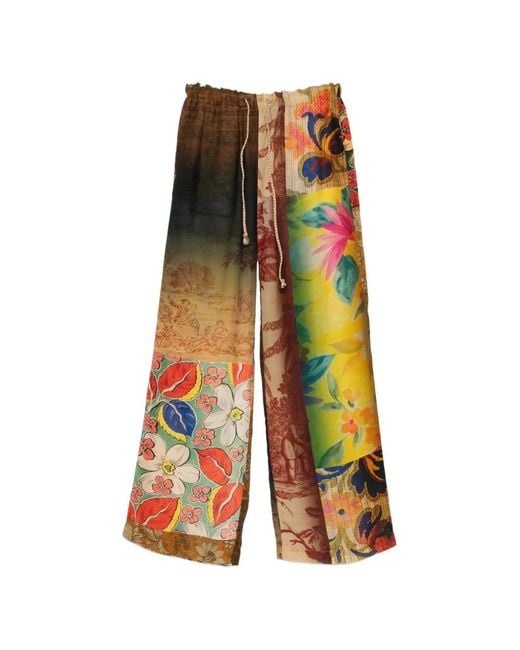 120% Lino White Printed Palazzo Pants