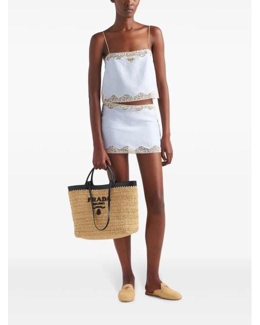 Prada Blue Lace-Trim Linen Mini Skirt