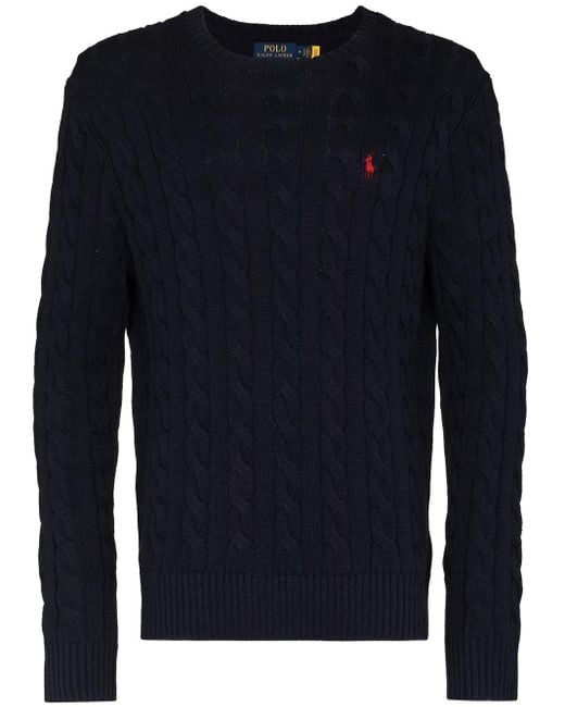 Polo Ralph Lauren Blue Dark Cable Knit Sweater With Embroidered Logo for men