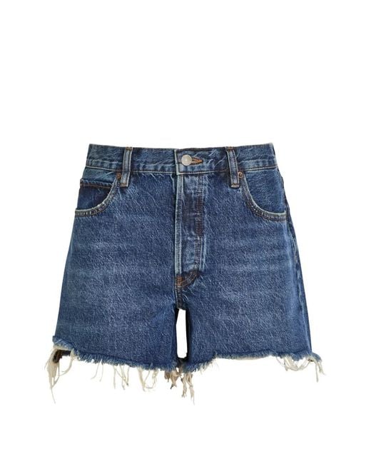 FRAME Blue Frayed-Hem Denim Shorts