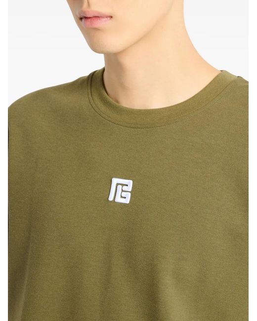Balmain Green T-Shirt With Embroidered Logo for men