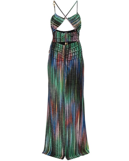 Just Cavalli Green Cut-out Striped Maxi Dress
