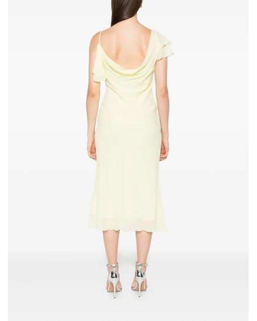 Self-Portrait Yellow Light Ruffled Midi Dress With Draped Neckline