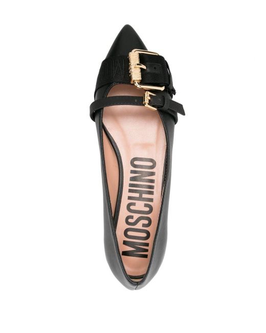 Moschino Black Buckled-straps Leather Ballerina Shoes