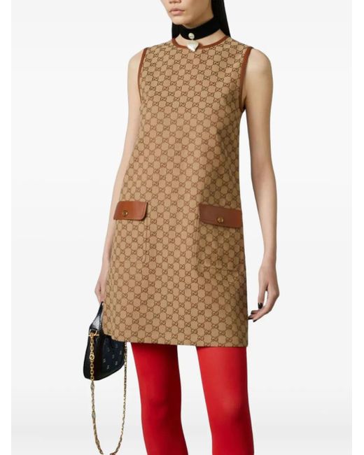 Gucci Brown Monogram-pattern Sleeveless Cotton-blend Midi Dress