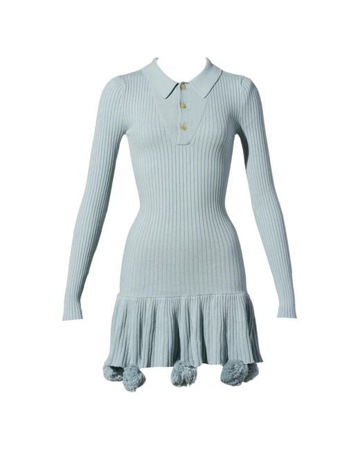 Conner Ives Blue Robe En Maille Côtelée À Pompons