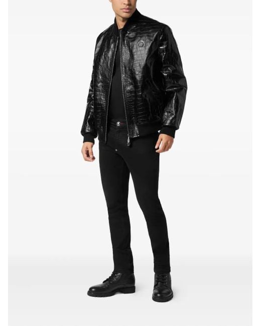 Philipp Plein Black Crocodile-Effect Leather Bomber Jacket for men