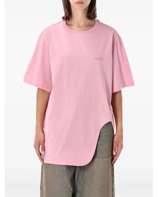 The Attico Pink Asymmetric-Hem Logo-Embroidered T-Shirt