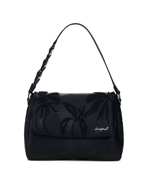 Desigual Black Leaf-Embroidered Backpack