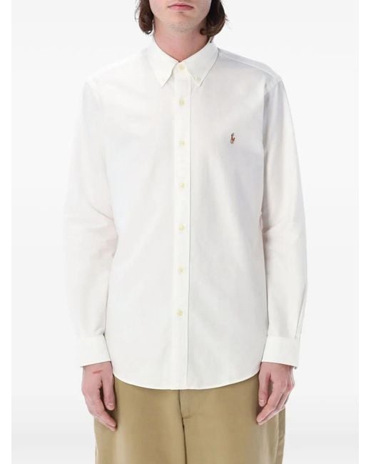 Polo Ralph Lauren White Embroidered-Logo Button-Down Shirt for men