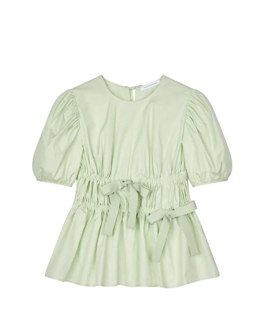 CECILIE BAHNSEN Green Freya Shirred Peplum Short-Sleeved Blouse