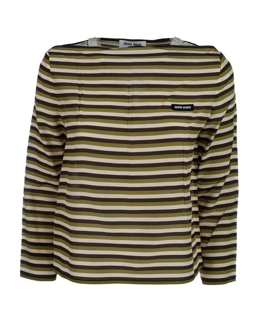 Miu Miu Green Striped Logo-Patch T-Shirt