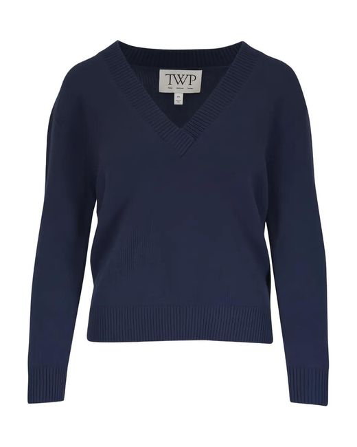 Twp Blue V-Neck Long-Sleeve Sweater