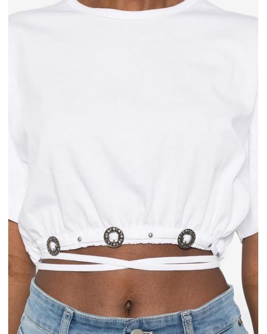 Pinko White Cropped T-Shirt With Lace And Texan Details