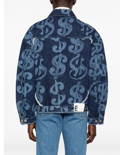 Etudes Studio Blue Dollar-Print Raw-Edge Denim Jacket