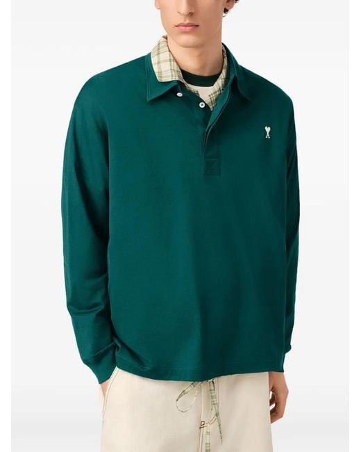 AMI Green Ami De Coeur Long-Sleeved Polo Shirt for men