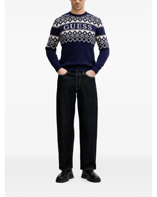Guess Blue Fair Isle Round Neck Sweater for men