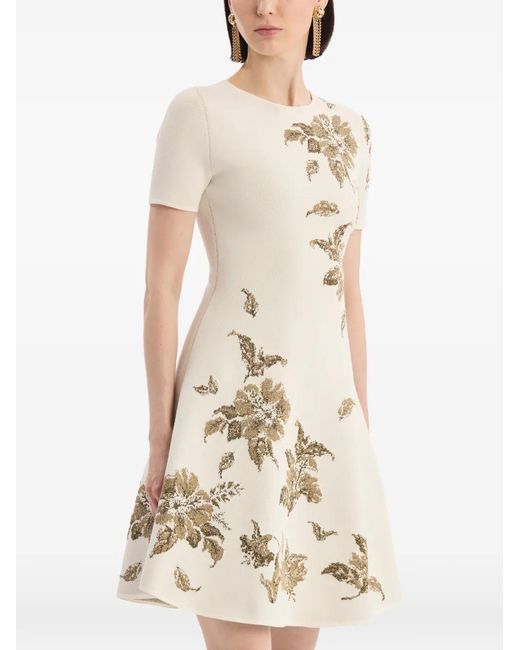 Oscar de la Renta Natural Hibiscus Metallic Jacquard Dress