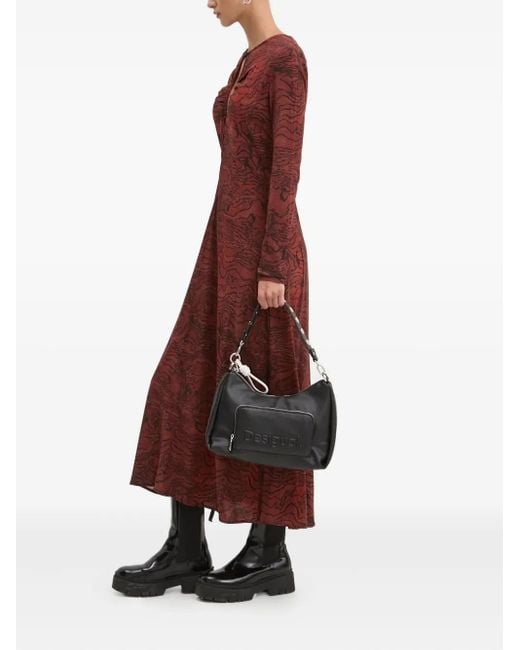 Desigual Red Keyhole-Neckline Wave-Print Midi Day Dress
