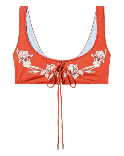 LaDoubleJ Red Floral-Print Bikini Top
