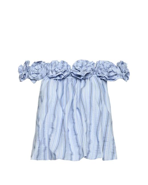 Cinq À Sept Blue Kelsey Floral-Appliqué Striped Blouse