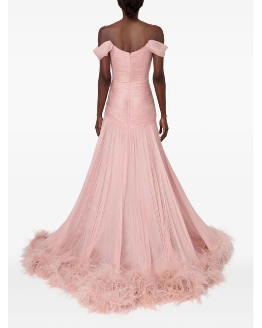 IRIS SERBAN Pink Petal Off-Shoulder Feathered Maxi Dress