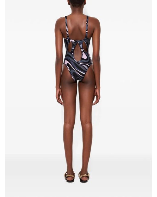 Emilio Pucci Black Marmo-Print Square-Neck Swimsuit