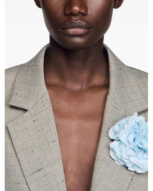 Sandro Gray Flower-Brooch Checked Blazer