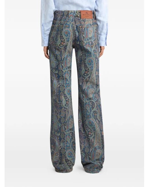Etro Blue Flared Denim Jeans With A Floral Paisley Motif