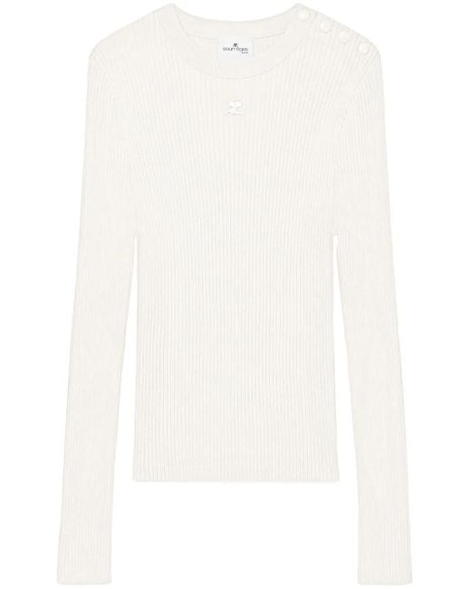 Courreges White Embroidered Logo Ribbed-Knit Sweater