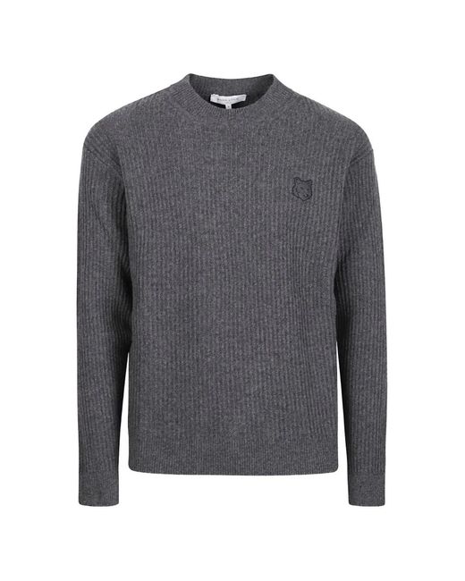 Maison Kitsuné Gray Ribbed-Knit Logo-Patch Sweater for men