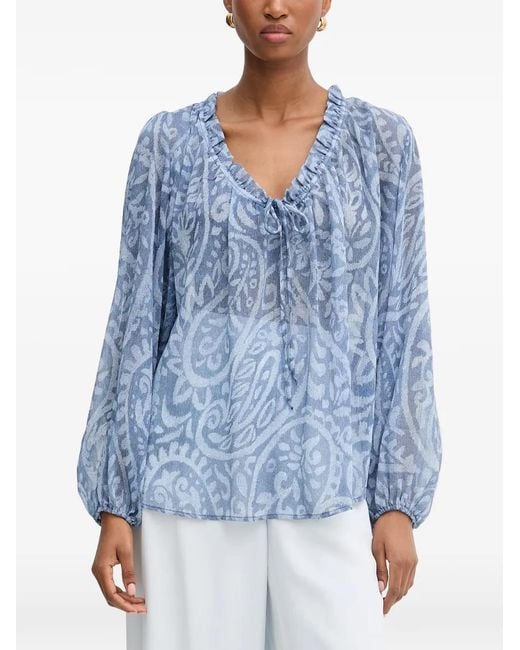 Morgan Blue Paisley-Print Ruffled Blouse