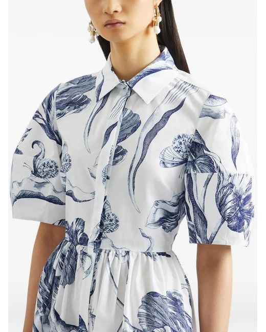 Erdem Blue Floral-Print Short-Sleeve Midi Shirt Dress