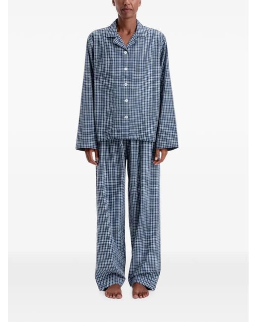 Tekla Blue Check-Print Cotton Pajamas