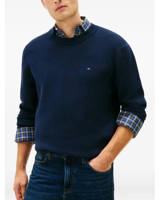 Tommy Hilfiger Blue Logo-Embroidered Crew-Neck Sweater for men