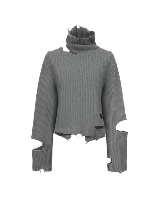 Haikure Gray Distressed Ribbed-Knit Sweater