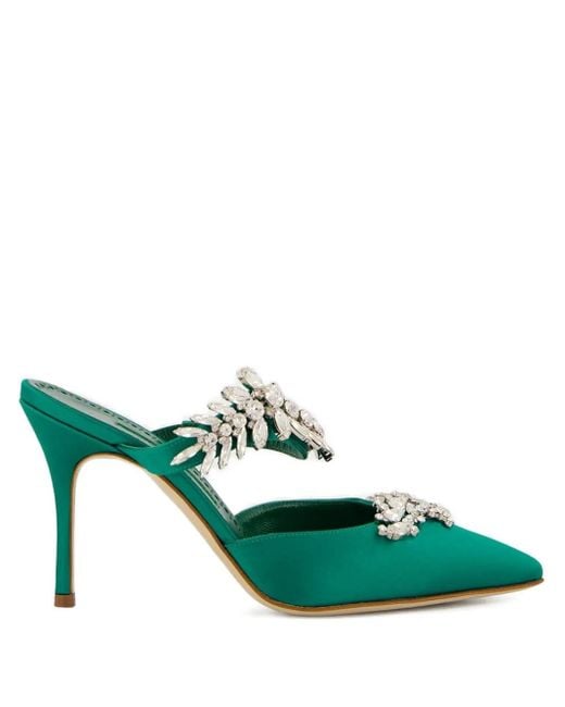 Manolo Blahnik Green Satin-Mules Mit Kristallen 90Mm