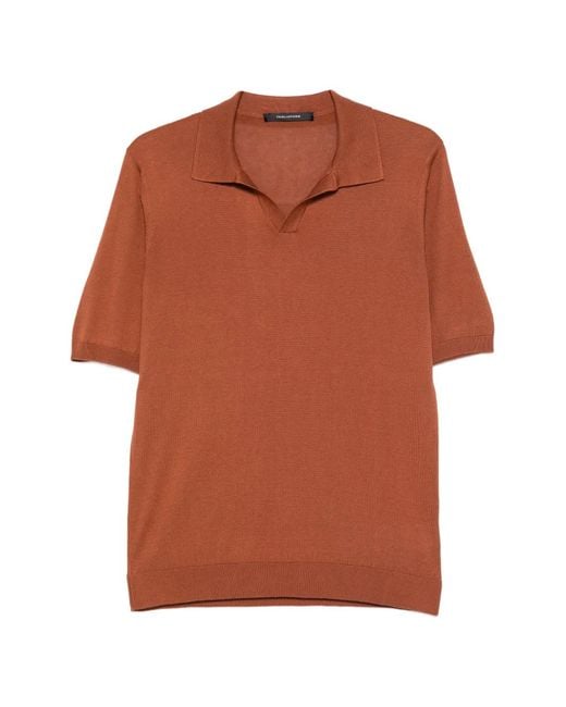 Tagliatore Orange Silk Polo Collar Slit Neckline Short Sleeve T-Shirt for men