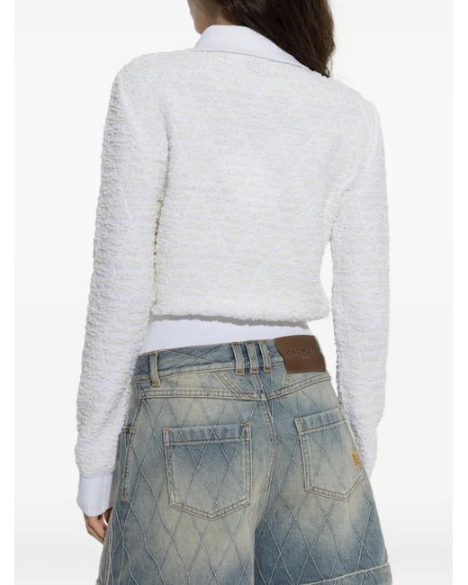 Balmain White Half-Zip Textured-Knit Sweater