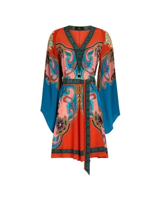 Etro Orange Silk Mini Dress With Belt And Placed Print
