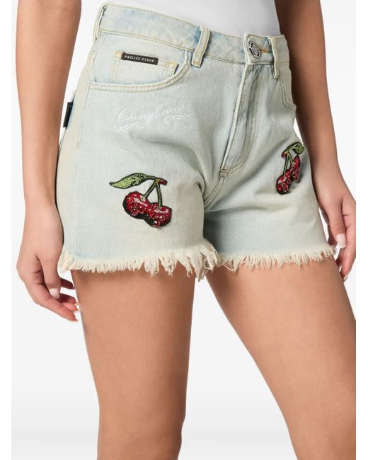 Philipp Plein Gray Denim Shorts Cherries